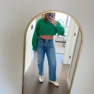 Zara green cropped knit sweater with balloon sleeves